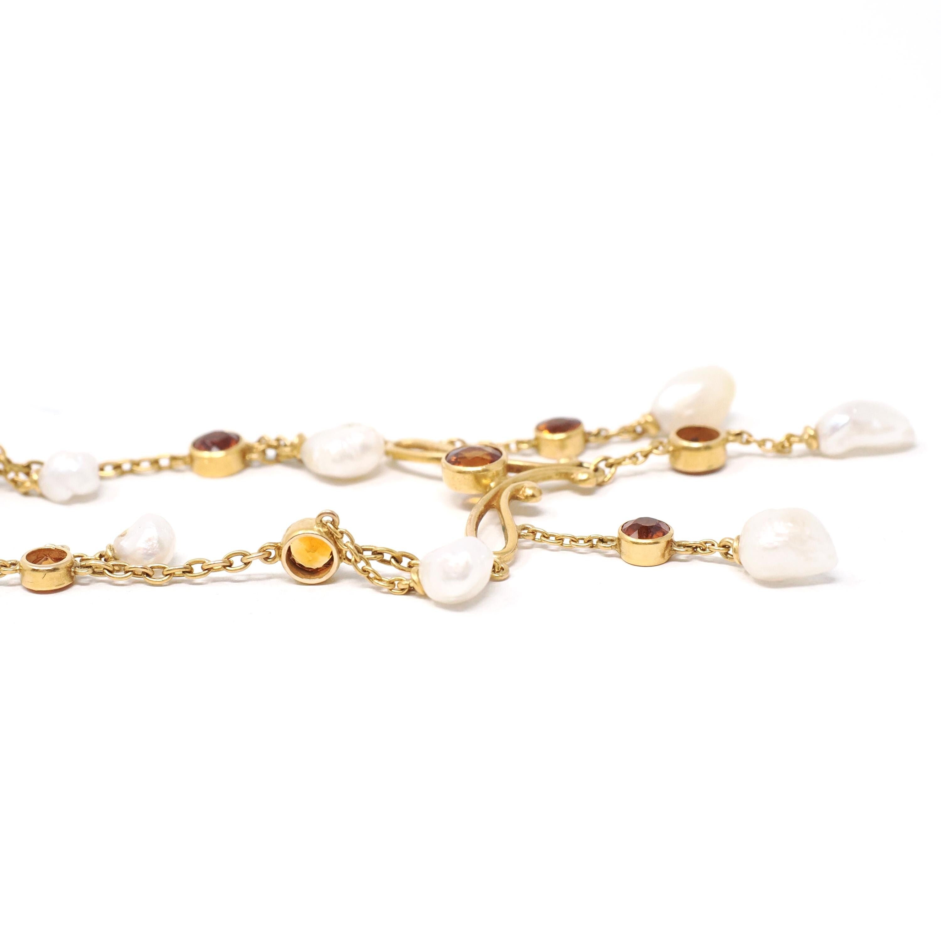 Antique Festoon Necklace - Edwardian 14k Yellow Gold Natural Citrine Gemstones & Baroque Pearls - Art Nouveau Circa 1900s Statement Jewelry
