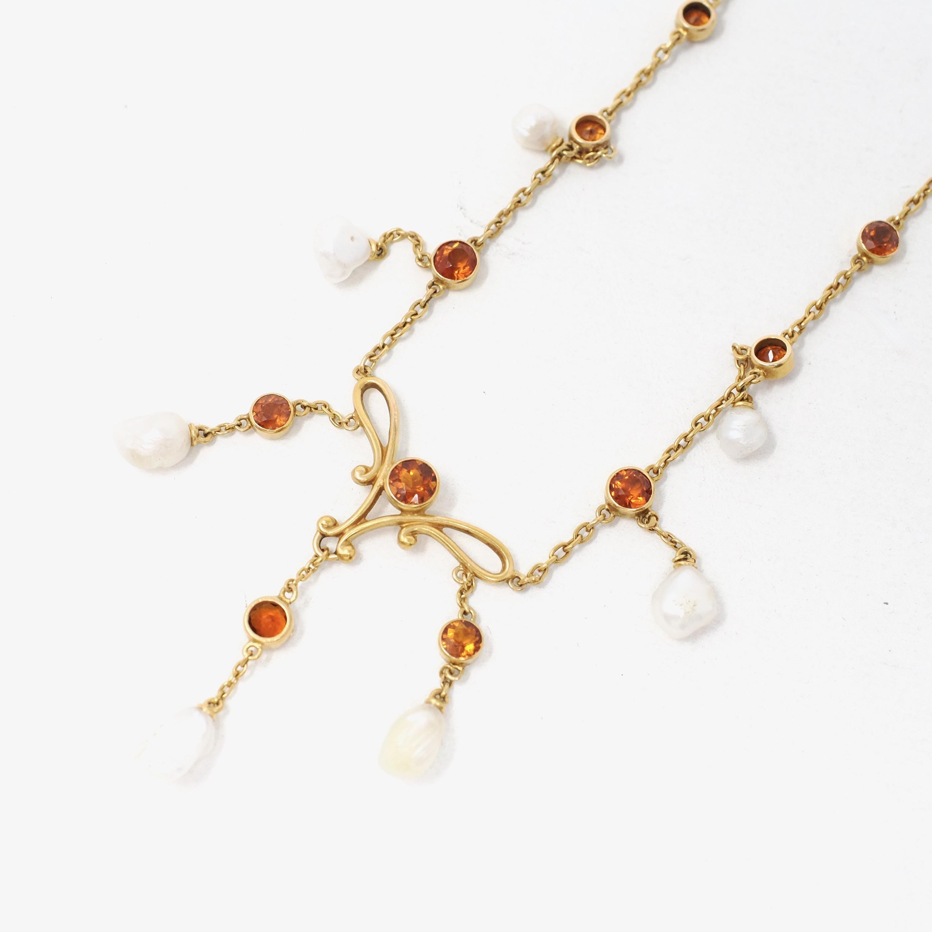 Antique Festoon Necklace - Edwardian 14k Yellow Gold Natural Citrine Gemstones & Baroque Pearls - Art Nouveau Circa 1900s Statement Jewelry