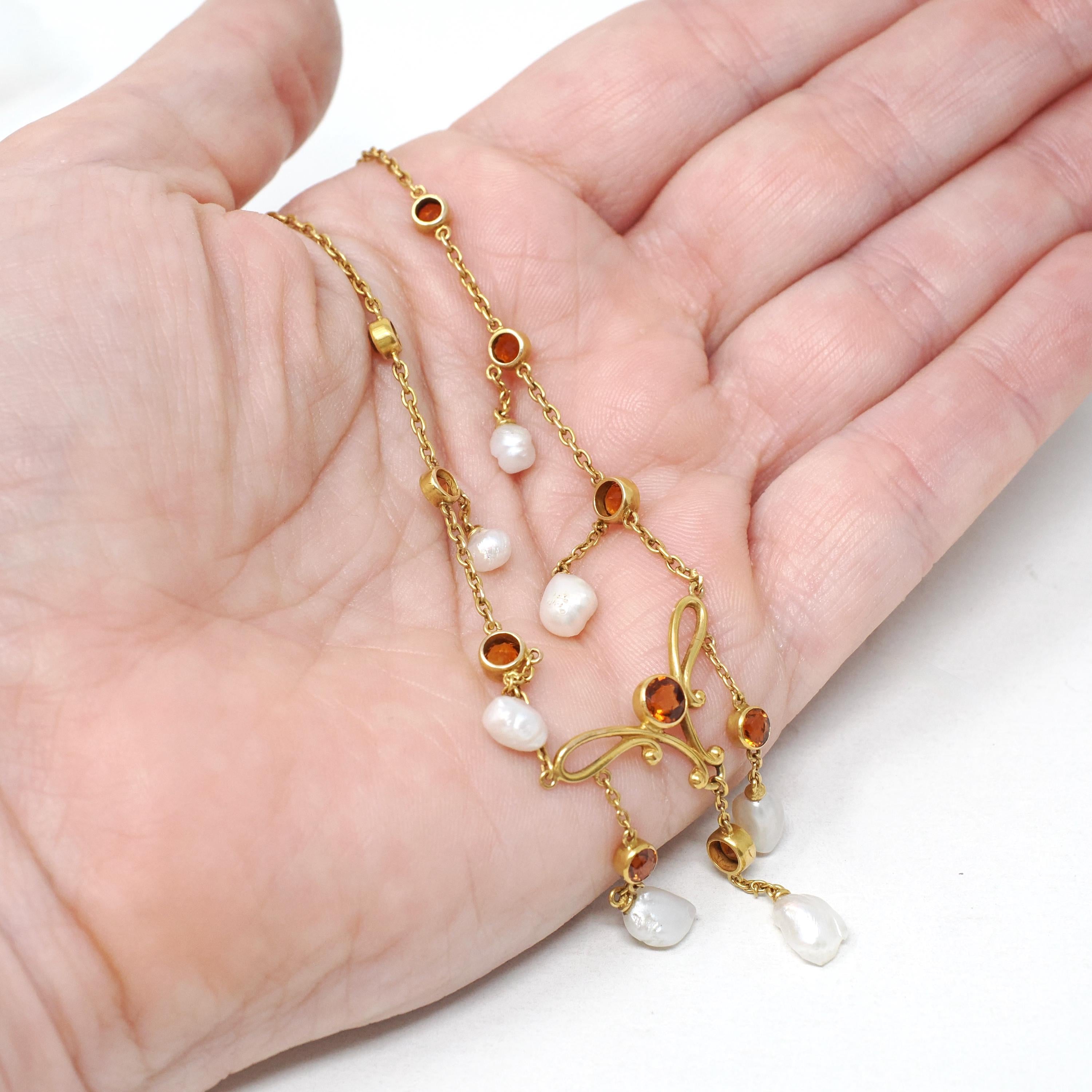 Antique Festoon Necklace - Edwardian 14k Yellow Gold Natural Citrine Gemstones & Baroque Pearls - Art Nouveau Circa 1900s Statement Jewelry