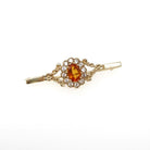 Modern Citrine Brooch - Estate 9k Yellow Gold Oval Orange Gemstone Floral Bar Pin - Circa 2000s Era CZ Halo Fine Vintage Style Jewelry