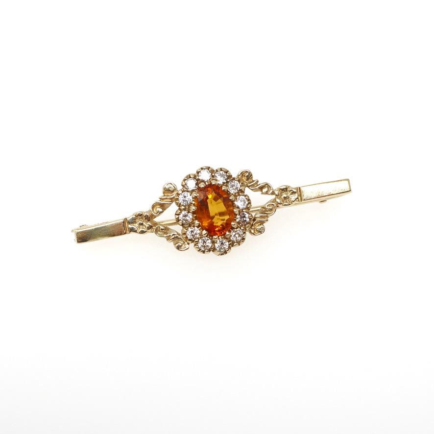 Modern Citrine Brooch - Estate 9k Yellow Gold Oval Orange Gemstone Floral Bar Pin - Circa 2000s Era CZ Halo Fine Vintage Style Jewelry