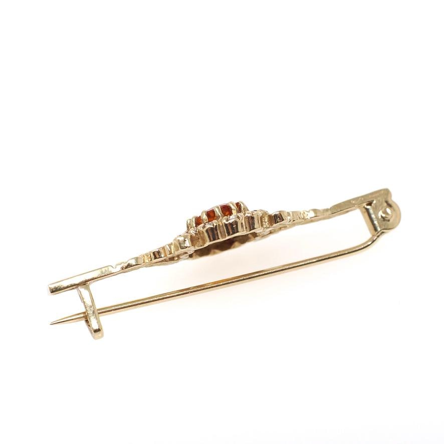 Modern Citrine Brooch - Estate 9k Yellow Gold Oval Orange Gemstone Floral Bar Pin - Circa 2000s Era CZ Halo Fine Vintage Style Jewelry