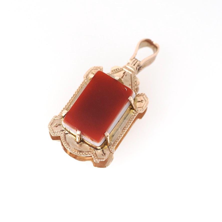 Antique Sardonyx Locket - Victorian 10k Rose Gold Brown Red And White Double Sided Pendant - Circa 1880s Era Fob Fine Dog Photo Jewelry