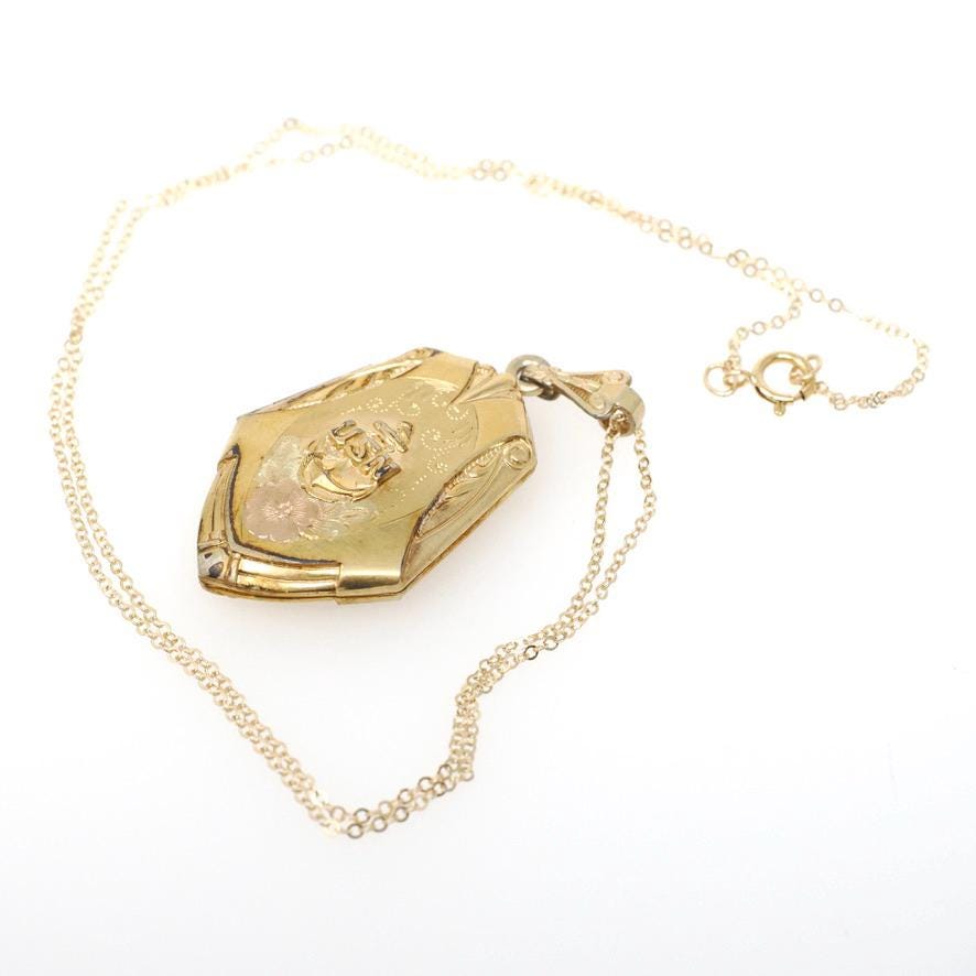 Vintage USN Locket - Retro 12k Gold Filled United States Navy Pendant Necklace - Circa 1940s Era Anchor Sweetheart Flower Keepsake Jewelry