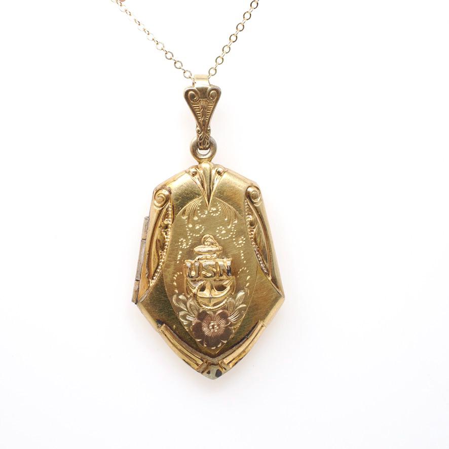 Vintage USN Locket - Retro 12k Gold Filled United States Navy Pendant Necklace - Circa 1940s Era Anchor Sweetheart Flower Keepsake Jewelry