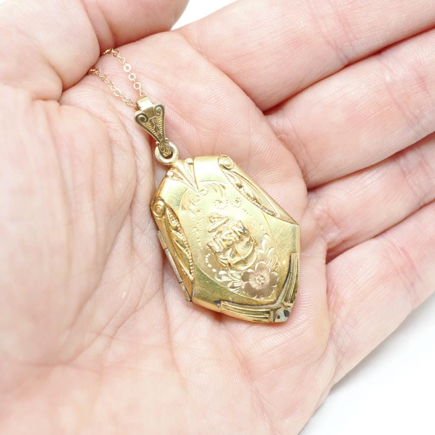 Vintage USN Locket - Retro 12k Gold Filled United States Navy Pendant Necklace - Circa 1940s Era Anchor Sweetheart Flower Keepsake Jewelry