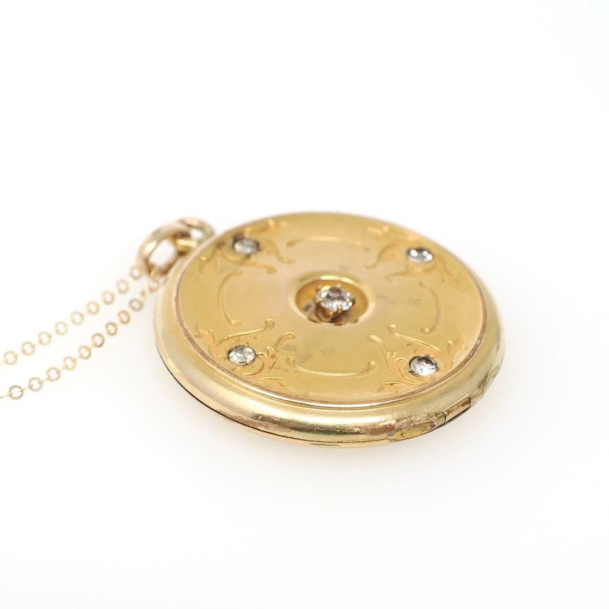 Antique Rhinestone Locket - Edwardian Gold Filled Round Compass Pendant Necklace - Circa 1900s Era "MEC" Initial Keepsake Statement Jewelry