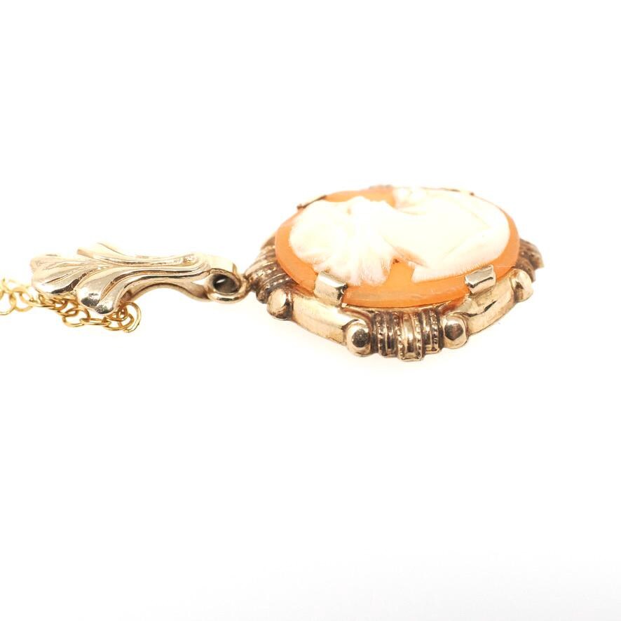Vintage Cameo Necklace - Retro 10k Yellow Gold Oval Carved Shell Flower Pendant Charm - Circa 1940s Era Scroll Statement Fine Esemco Jewelry