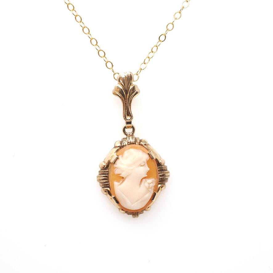 Vintage Cameo Necklace - Retro 10k Yellow Gold Oval Carved Shell Flower Pendant Charm - Circa 1940s Era Scroll Statement Fine Esemco Jewelry