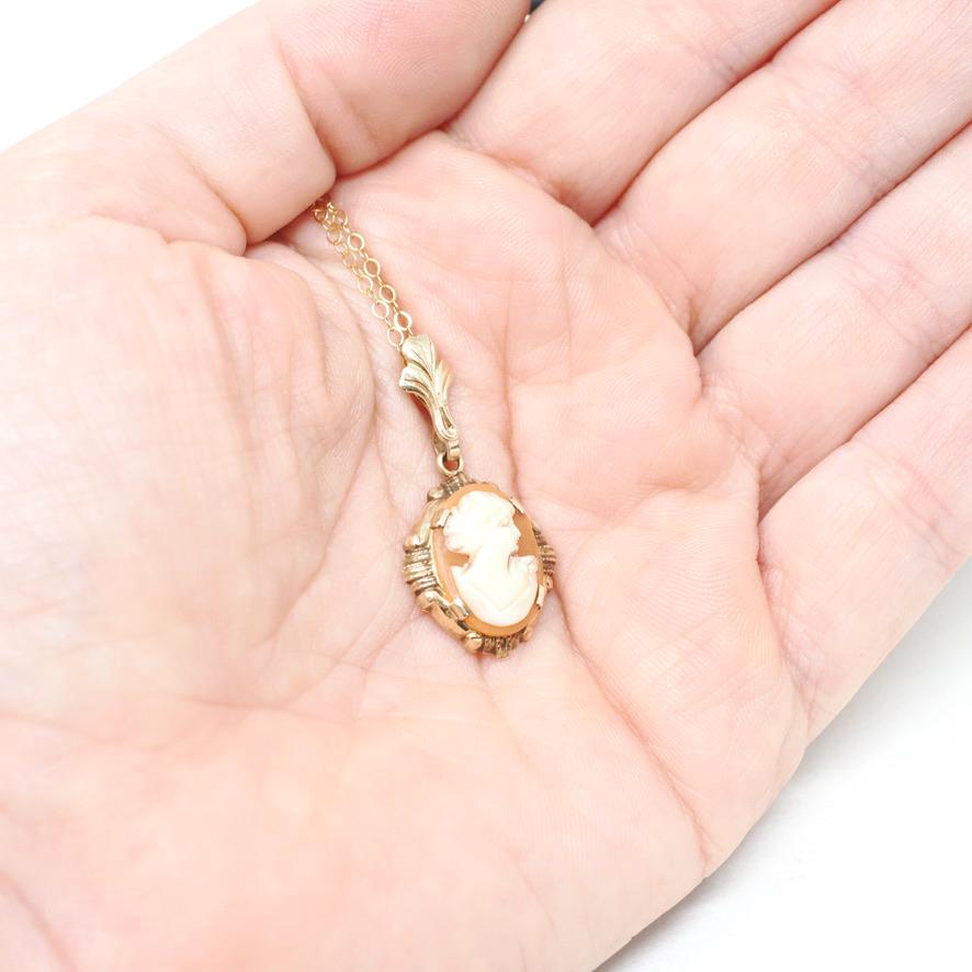 Vintage Cameo Necklace - Retro 10k Yellow Gold Oval Carved Shell Flower Pendant Charm - Circa 1940s Era Scroll Statement Fine Esemco Jewelry