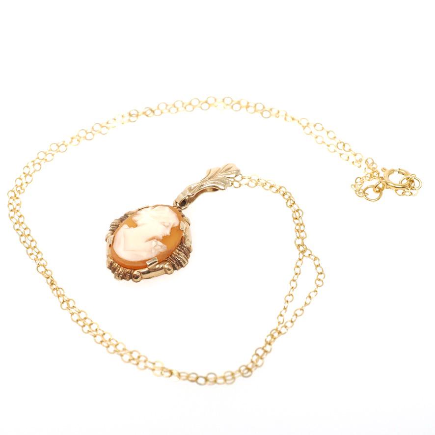 Vintage Cameo Necklace - Retro 10k Yellow Gold Oval Carved Shell Flower Pendant Charm - Circa 1940s Era Scroll Statement Fine Esemco Jewelry