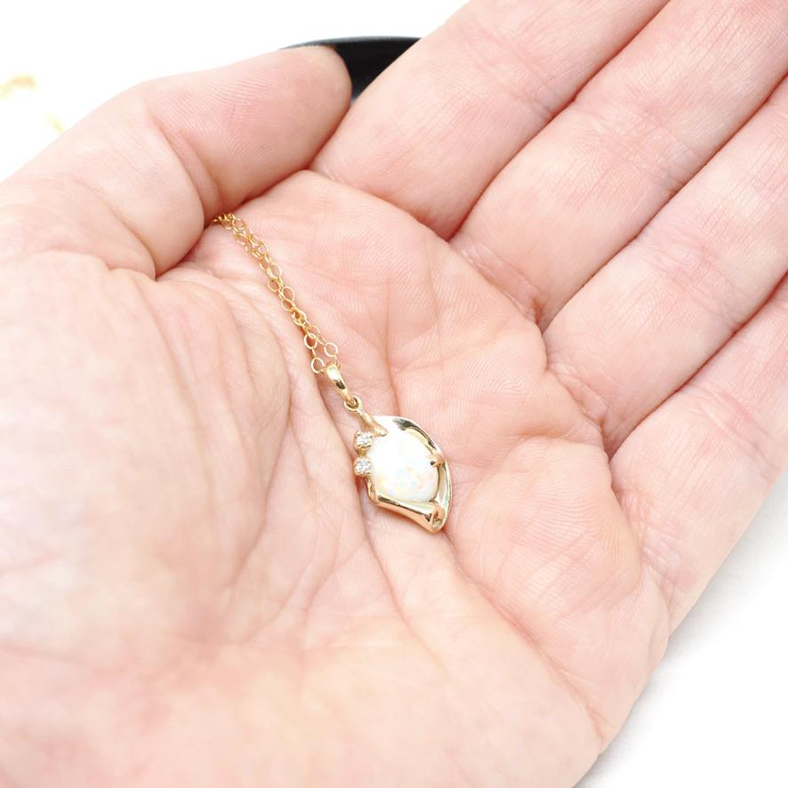 Opal & Diamond Necklace - Retro 14k Yellow Gold Cabochon Gemstone Paper Scroll Pendant - Vintage Circa 1970s October Birthstone Fine Jewelry