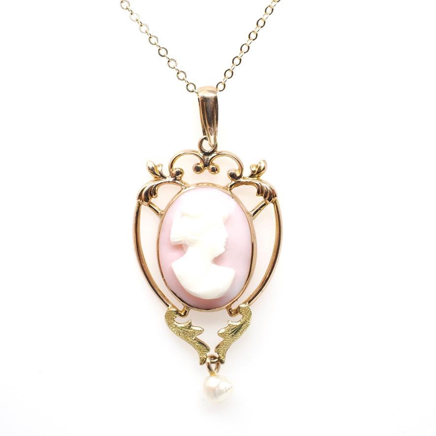 Antique Cameo Necklace - Edwardian 10k Yellow Gold Carved Angel Skin Coral Pendant - Vintage Circa 1910s Era Baroque Pearl Fine Jewelry