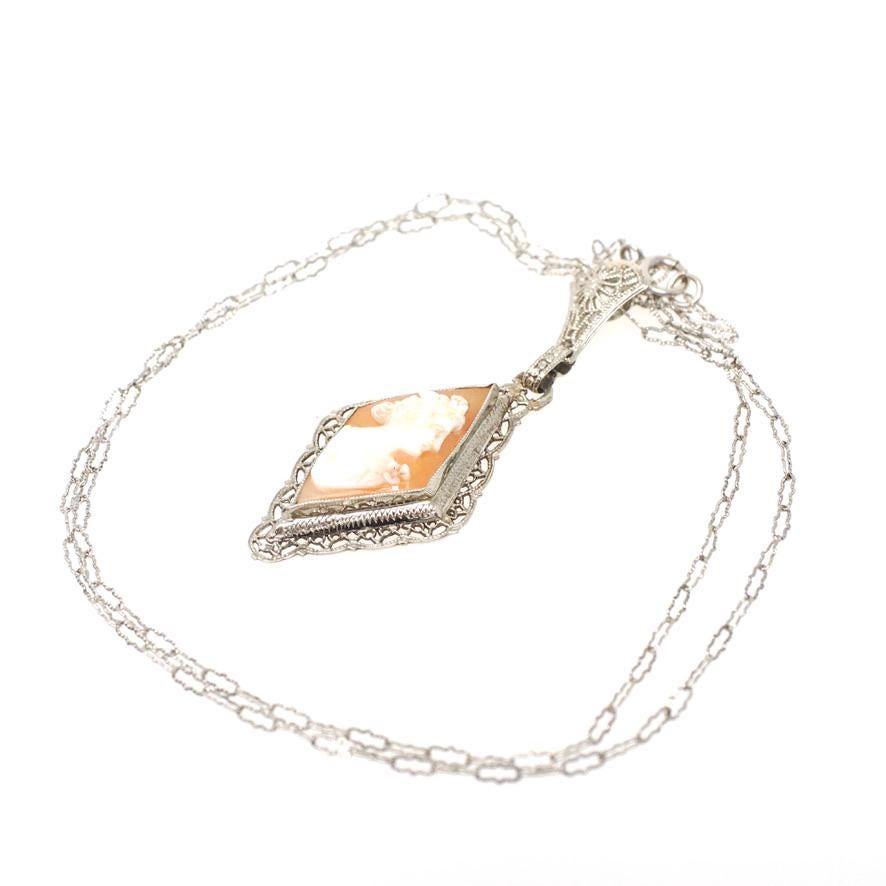 Vintage Cameo Necklace - Art Deco 14k White Gold Carved Shell Kite Pendant - Circa 1930s Era Filigree Flower Paper Clip Chain Fine Jewelry
