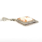 Vintage Cameo Necklace - Art Deco 14k White Gold Carved Shell Kite Pendant - Circa 1930s Era Filigree Flower Paper Clip Chain Fine Jewelry