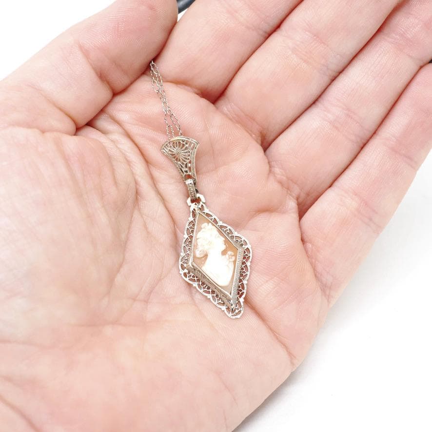 Vintage Cameo Necklace - Art Deco 14k White Gold Carved Shell Kite Pendant - Circa 1930s Era Filigree Flower Paper Clip Chain Fine Jewelry