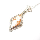Vintage Cameo Necklace - Art Deco 14k White Gold Carved Shell Kite Pendant - Circa 1930s Era Filigree Flower Paper Clip Chain Fine Jewelry
