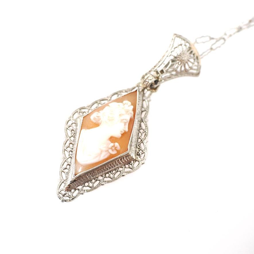 Vintage Cameo Necklace - Art Deco 14k White Gold Carved Shell Kite Pendant - Circa 1930s Era Filigree Flower Paper Clip Chain Fine Jewelry