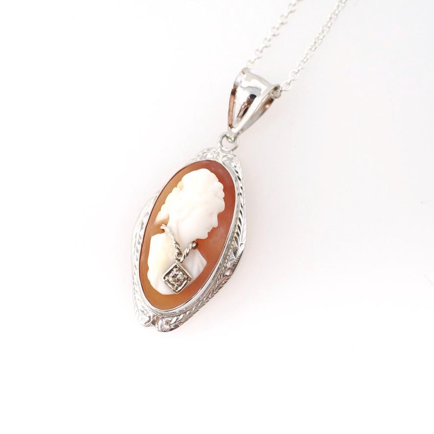 Vintage Cameo Necklace - Art Deco 14k White Gold Carved Shell Pendant Charm - Circa 1930s Habillé Style Diamond Wheat Design Fine Jewelry