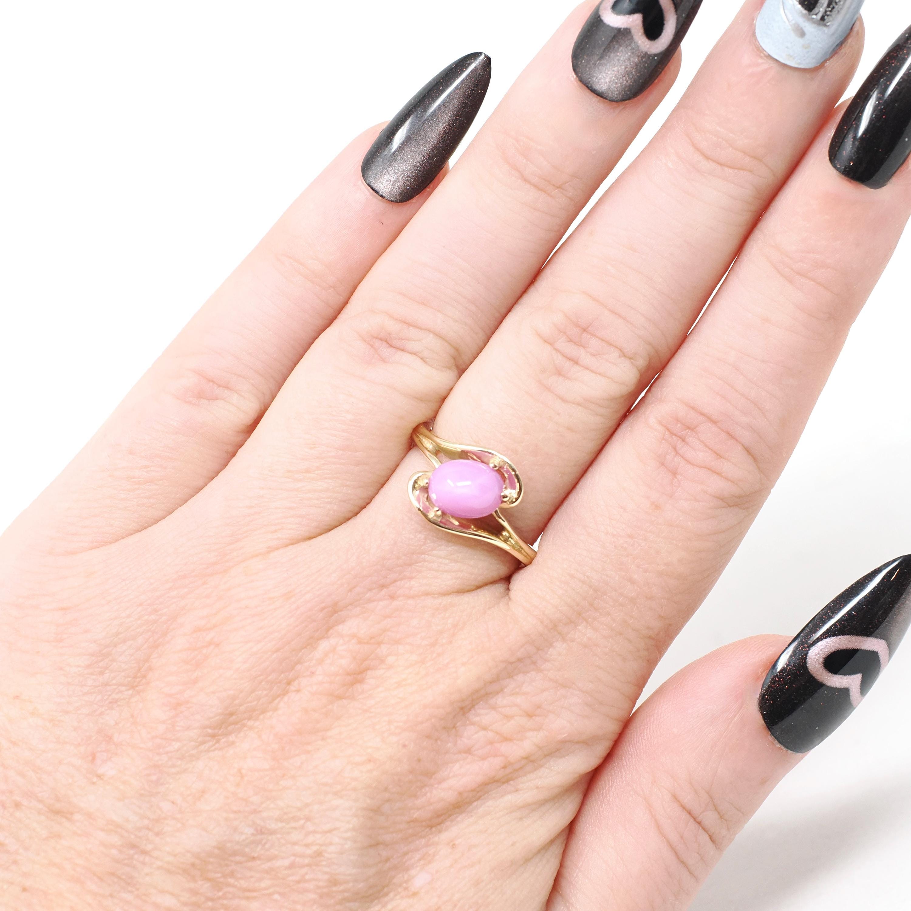 Created Pink Star Sapphire Ring - Retro 14k Yellow Gold Cabochon Gemstone - Vintage Circa 1970s Era Size 6 1/4 Bypass Fine Statement Jewelry