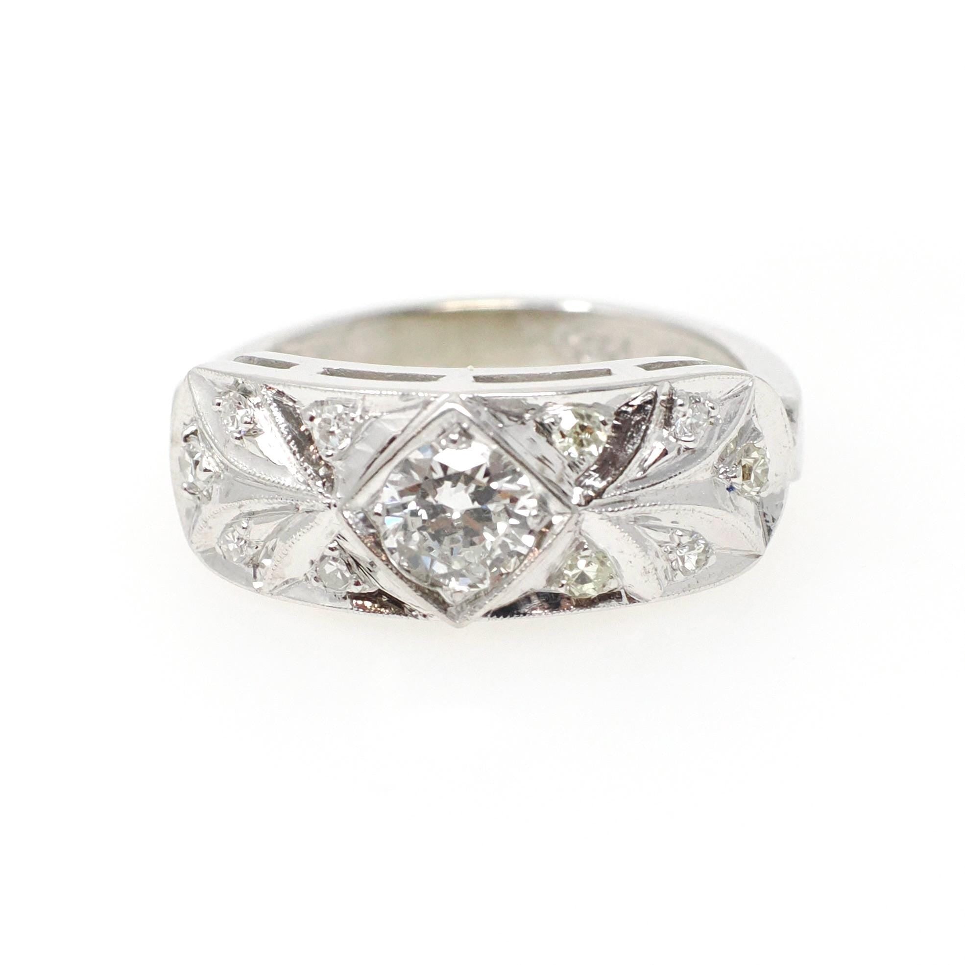 Diamond Engagement Ring - Vintage 14k White Gold .60 CTW Transitional Round Brilliant Cut - Circa 1940s Era Size 6 3/4 Fine Bridal Jewelry