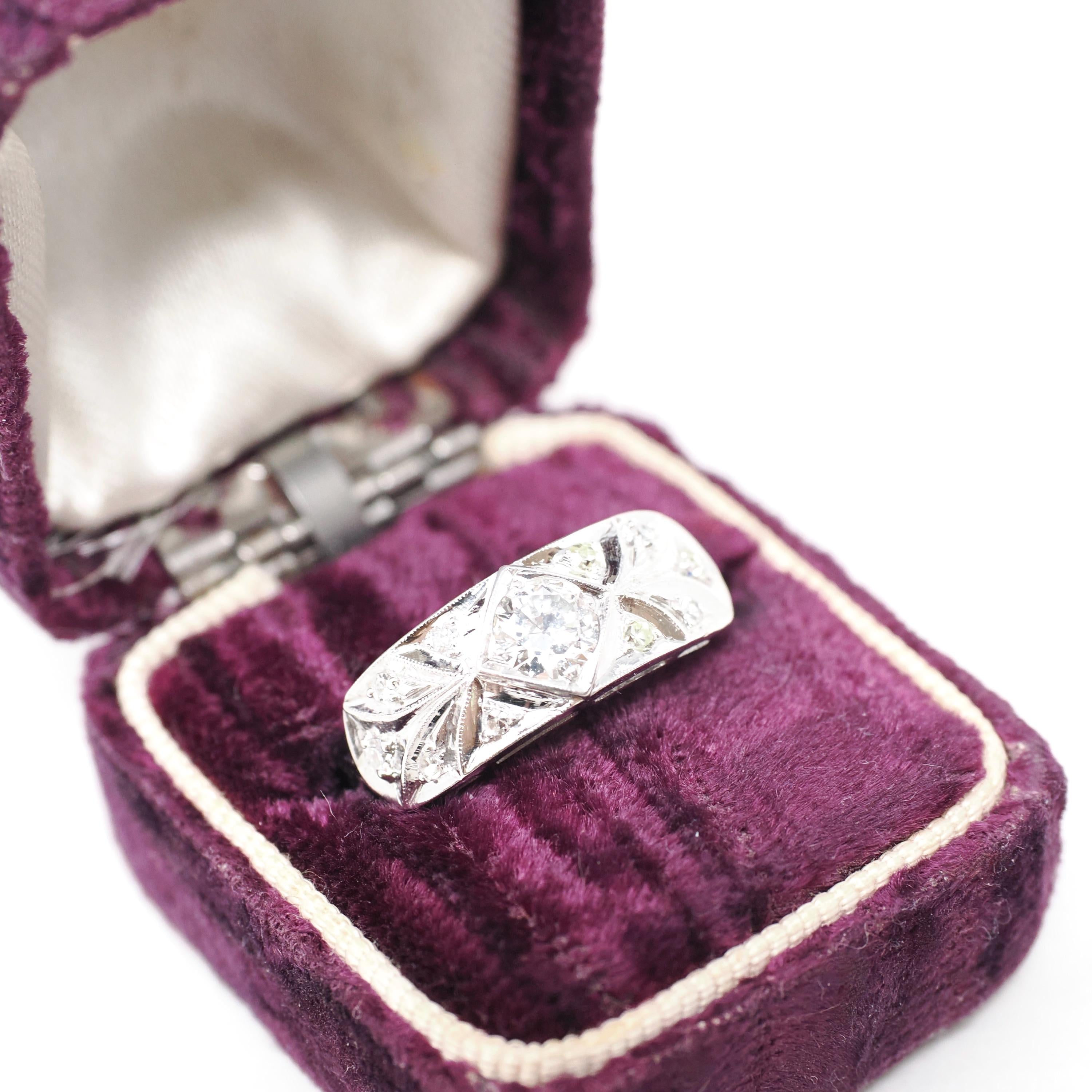 Diamond Engagement Ring - Vintage 14k White Gold .60 CTW Transitional Round Brilliant Cut - Circa 1940s Era Size 6 3/4 Fine Bridal Jewelry