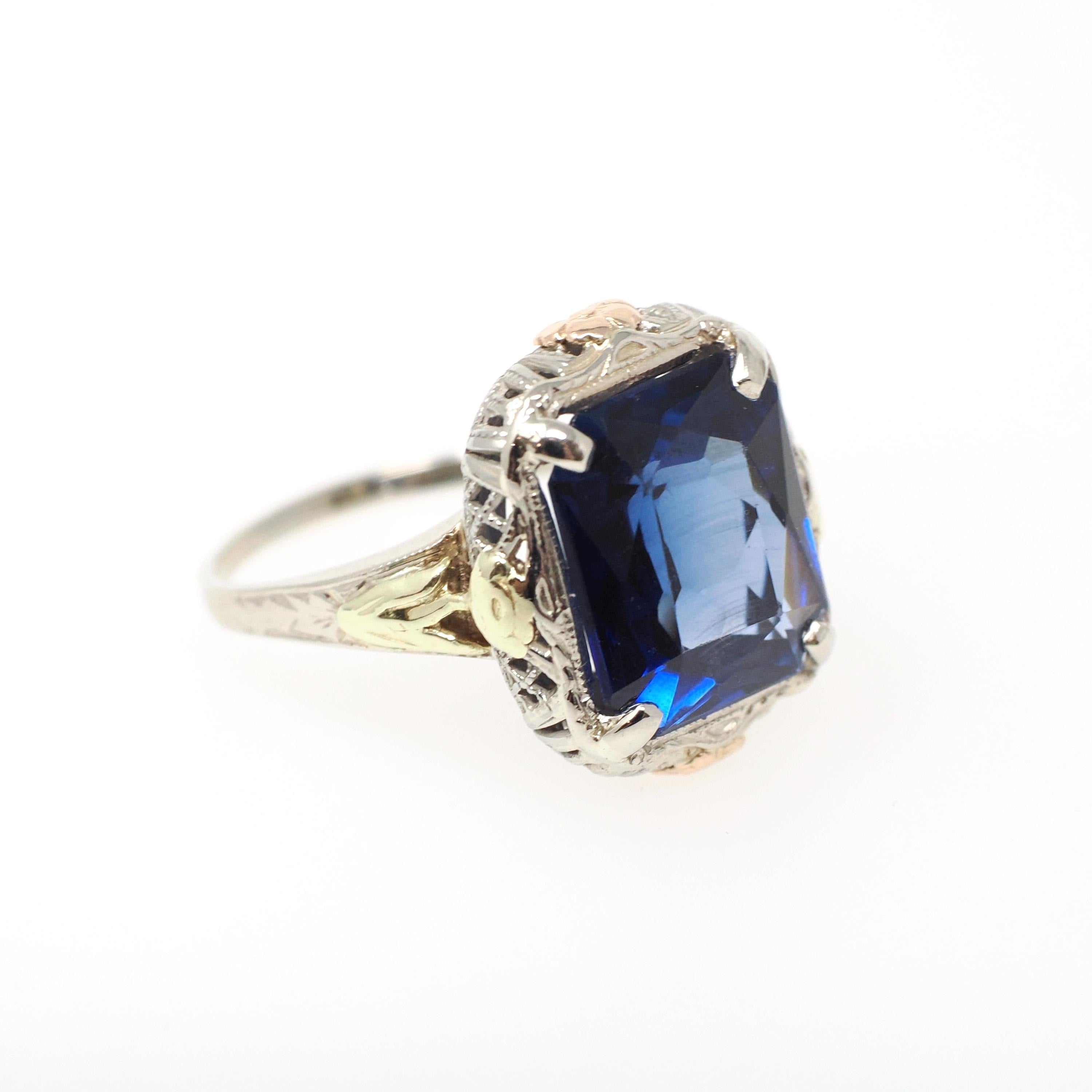 Art Deco Ring - Vintage 14k White Yellow Rose Gold Created Blue Sapphire Solitaire - Circa 1930s Era Size 7 1/2 Floral Filigree Fine Jewelry