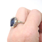Art Deco Ring - Vintage 14k White Yellow Rose Gold Created Blue Sapphire Solitaire - Circa 1930s Era Size 7 1/2 Floral Filigree Fine Jewelry