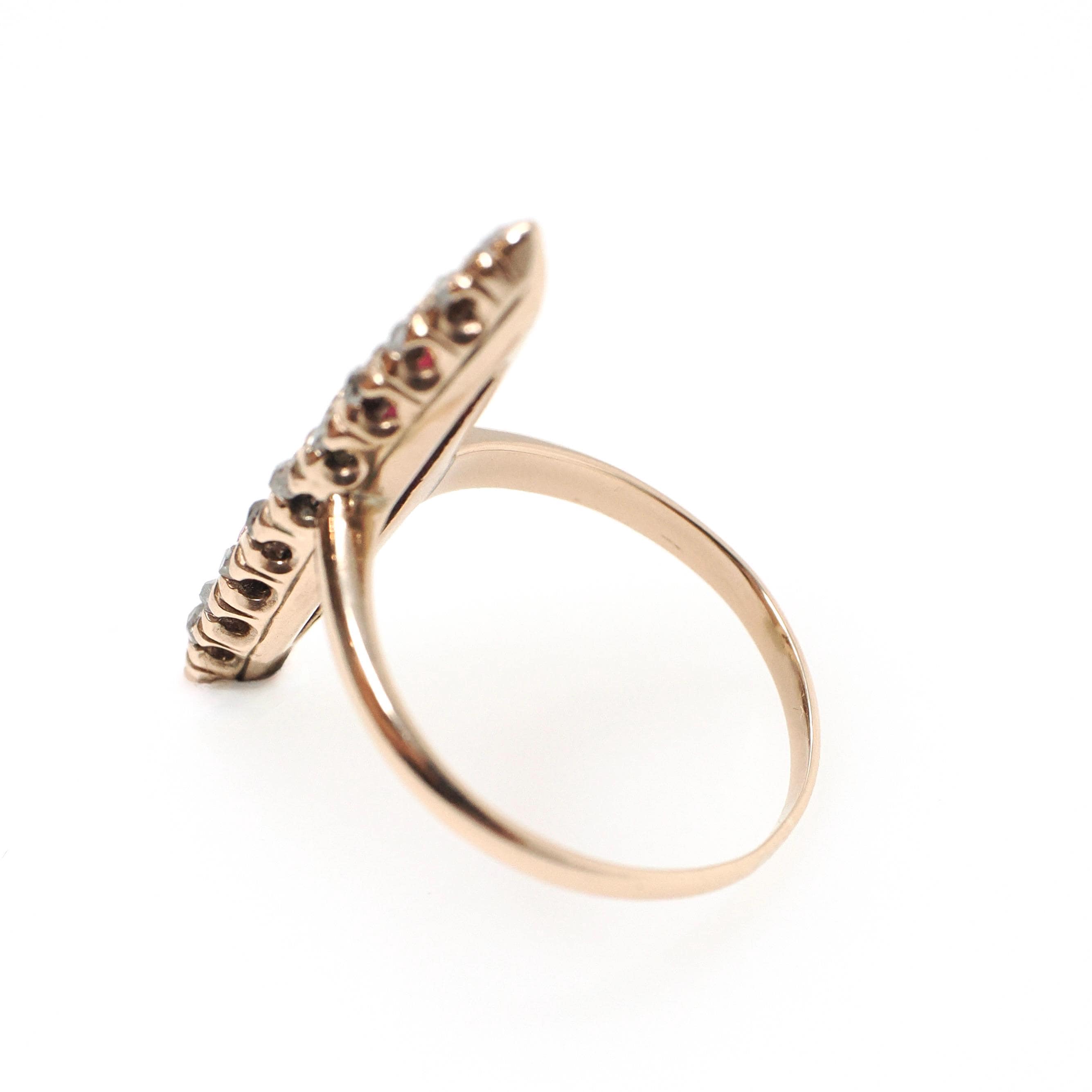 Antique Navette Ring - Edwardian 10k Rose Gold Garnet Glass Doublet Natural Rose Diamonds - Vintage Early 1900s Era Size 4 1/4 Fine Jewelry