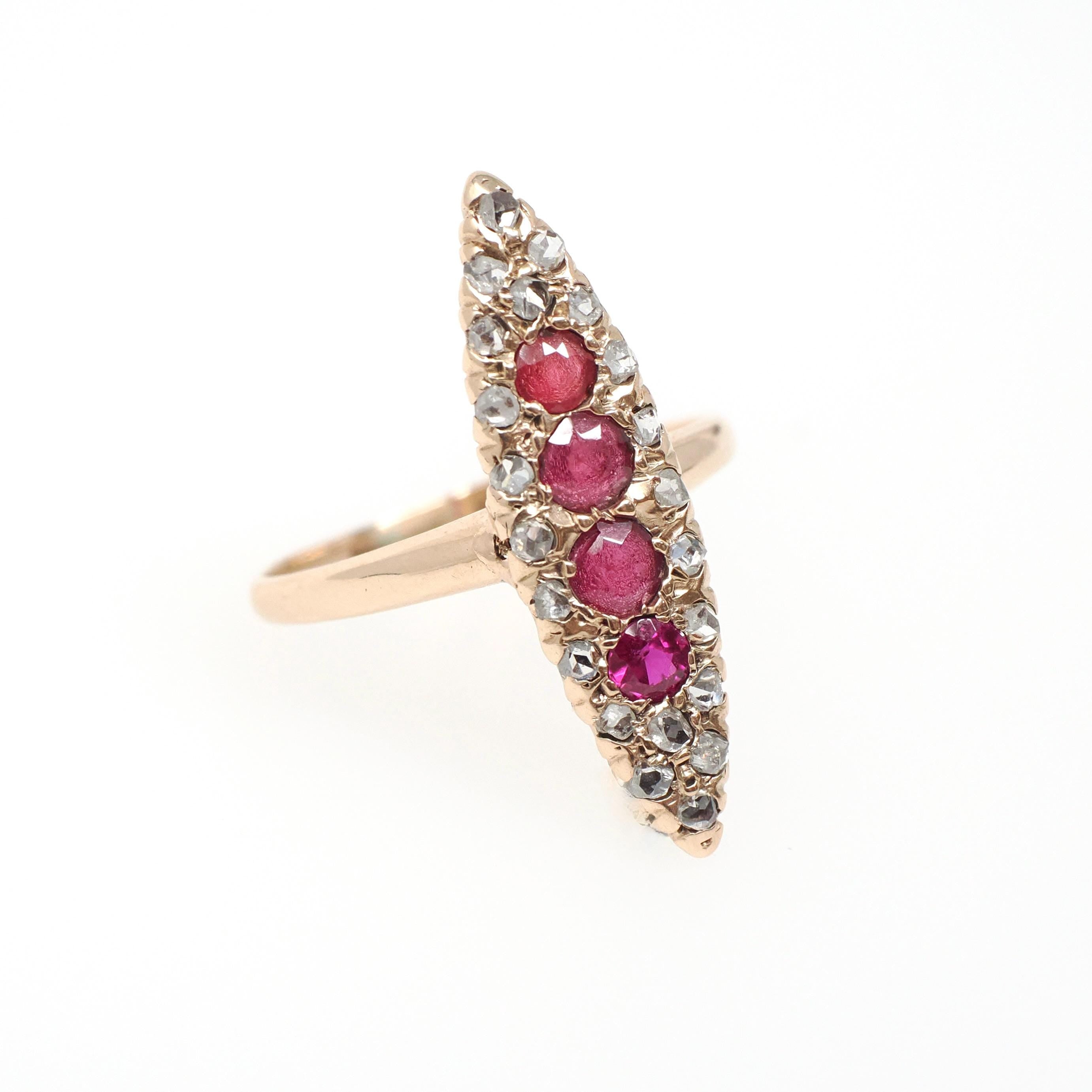 Antique Navette Ring - Edwardian 10k Rose Gold Garnet Glass Doublet Natural Rose Diamonds - Vintage Early 1900s Era Size 4 1/4 Fine Jewelry
