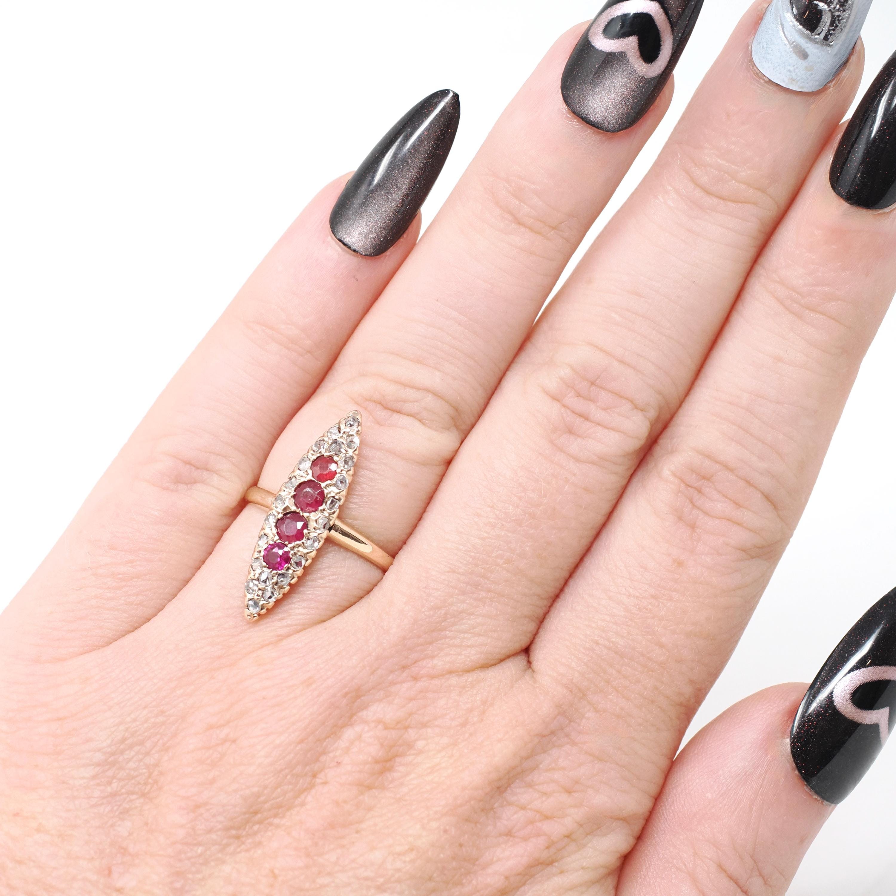 Antique Navette Ring - Edwardian 10k Rose Gold Garnet Glass Doublet Natural Rose Diamonds - Vintage Early 1900s Era Size 4 1/4 Fine Jewelry