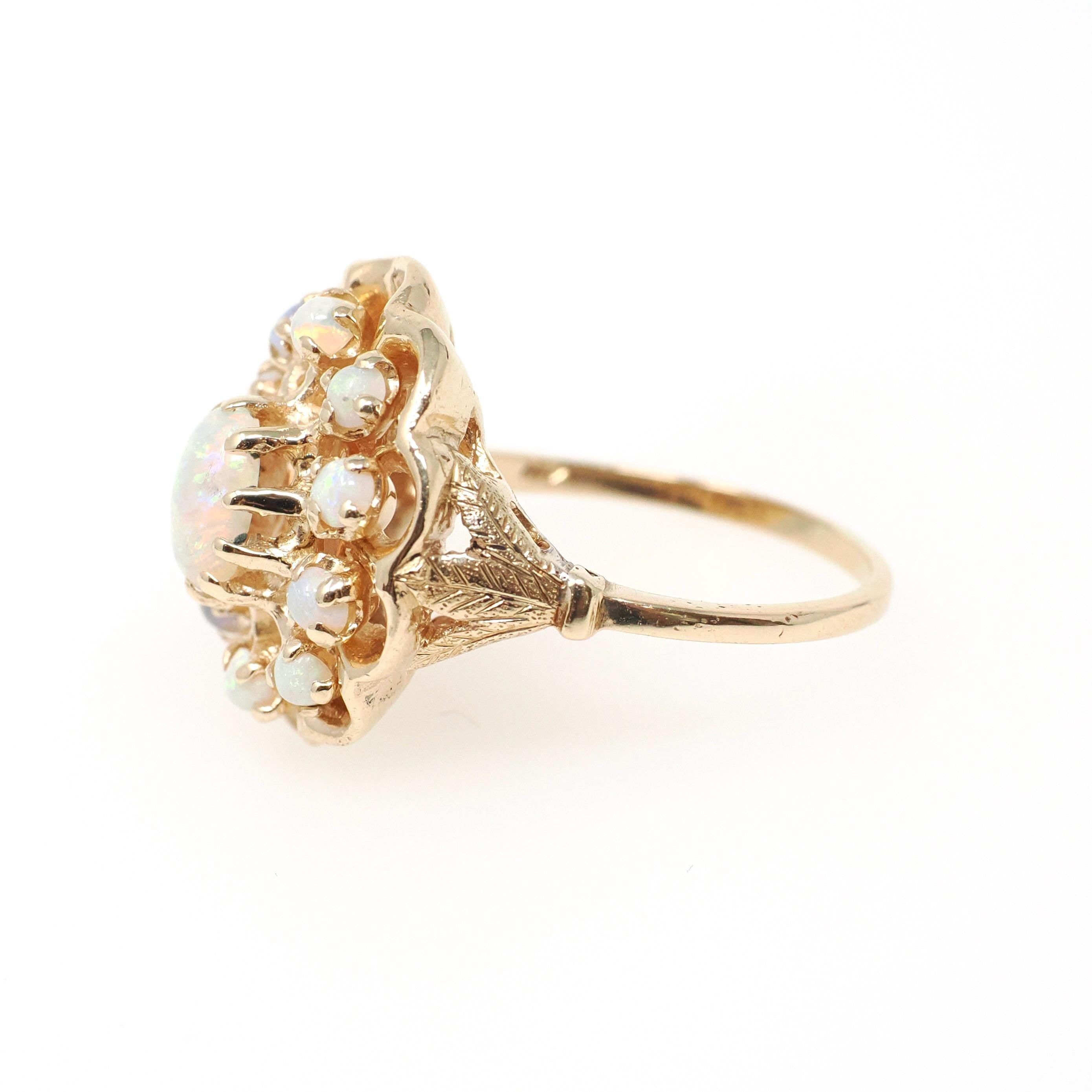 Vintage Opal Cluster Ring - Modernist 14k Yellow Gold Natural Cabochon Cut Gemstone - Circa 1970s Size 7 1/4 Halo Flower Floral Fine Jewelry