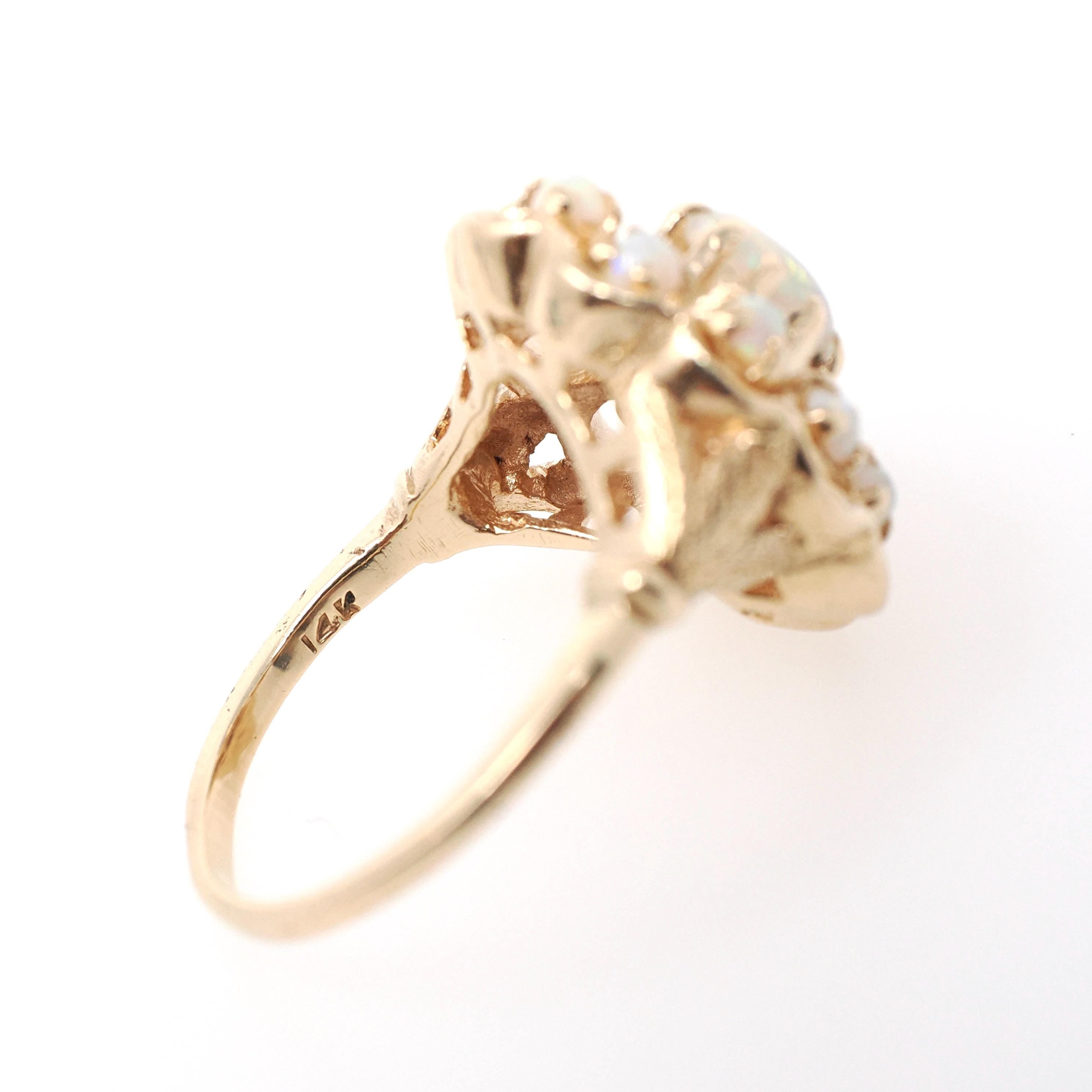 Vintage Opal Cluster Ring - Modernist 14k Yellow Gold Natural Cabochon Cut Gemstone - Circa 1970s Size 7 1/4 Halo Flower Floral Fine Jewelry