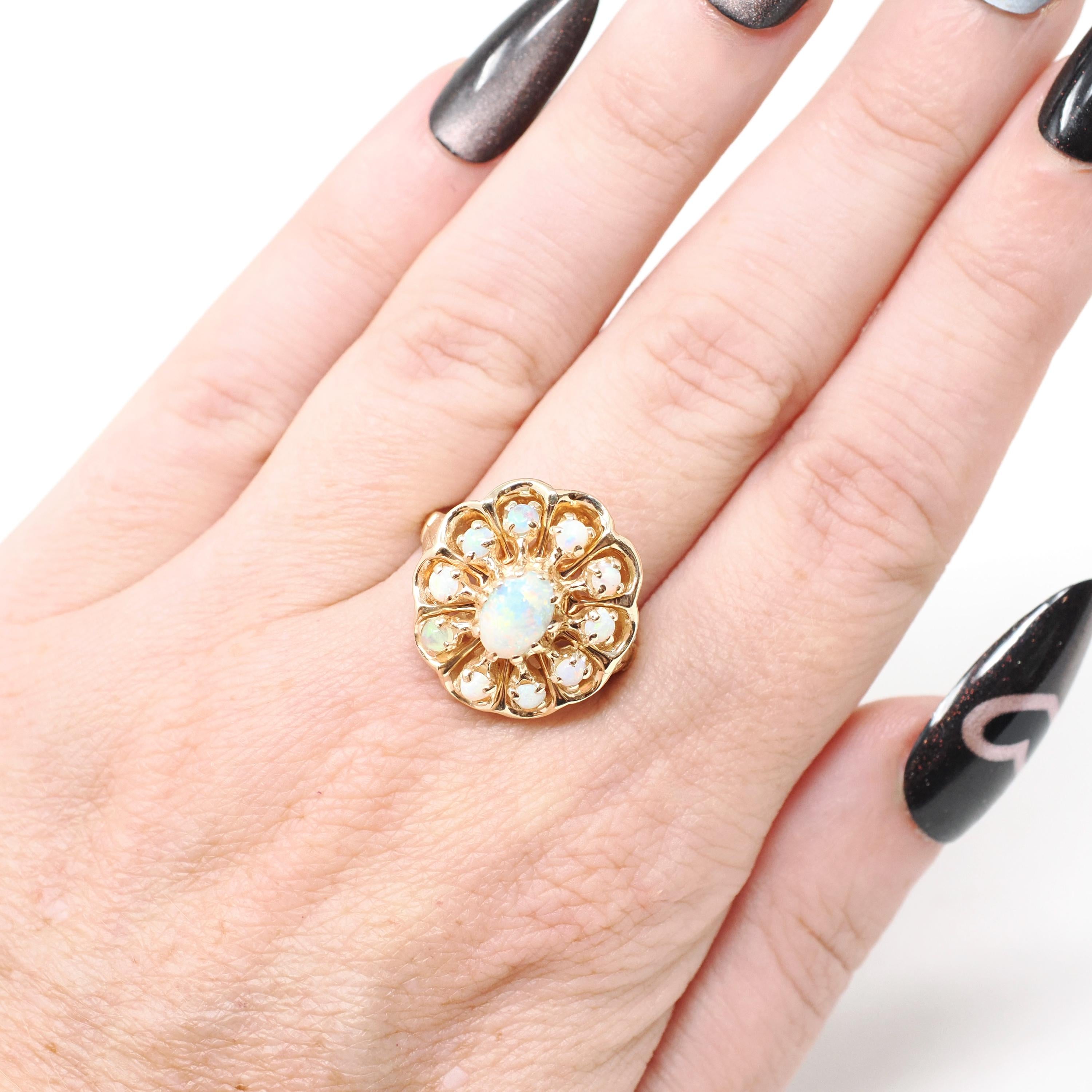 Vintage Opal Cluster Ring - Modernist 14k Yellow Gold Natural Cabochon Cut Gemstone - Circa 1970s Size 7 1/4 Halo Flower Floral Fine Jewelry