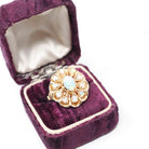 Vintage Opal Cluster Ring - Modernist 14k Yellow Gold Natural Cabochon Cut Gemstone - Circa 1970s Size 7 1/4 Halo Flower Floral Fine Jewelry