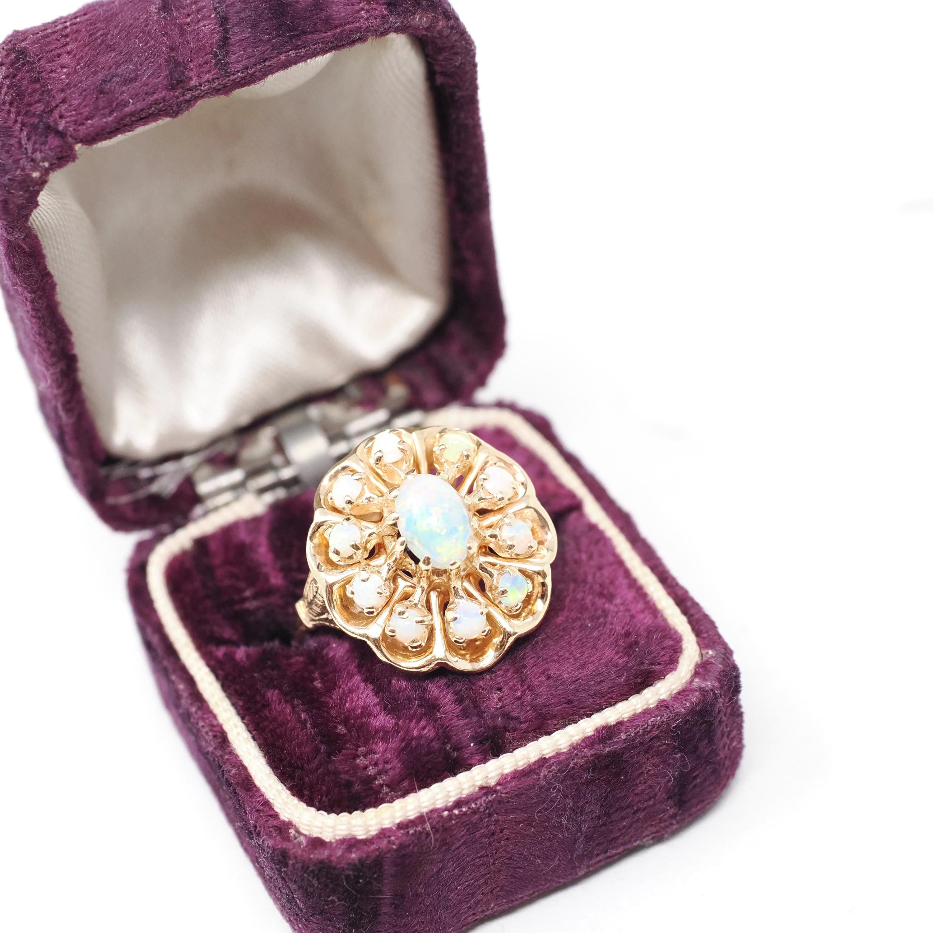 Vintage Opal Cluster Ring - Modernist 14k Yellow Gold Natural Cabochon Cut Gemstone - Circa 1970s Size 7 1/4 Halo Flower Floral Fine Jewelry