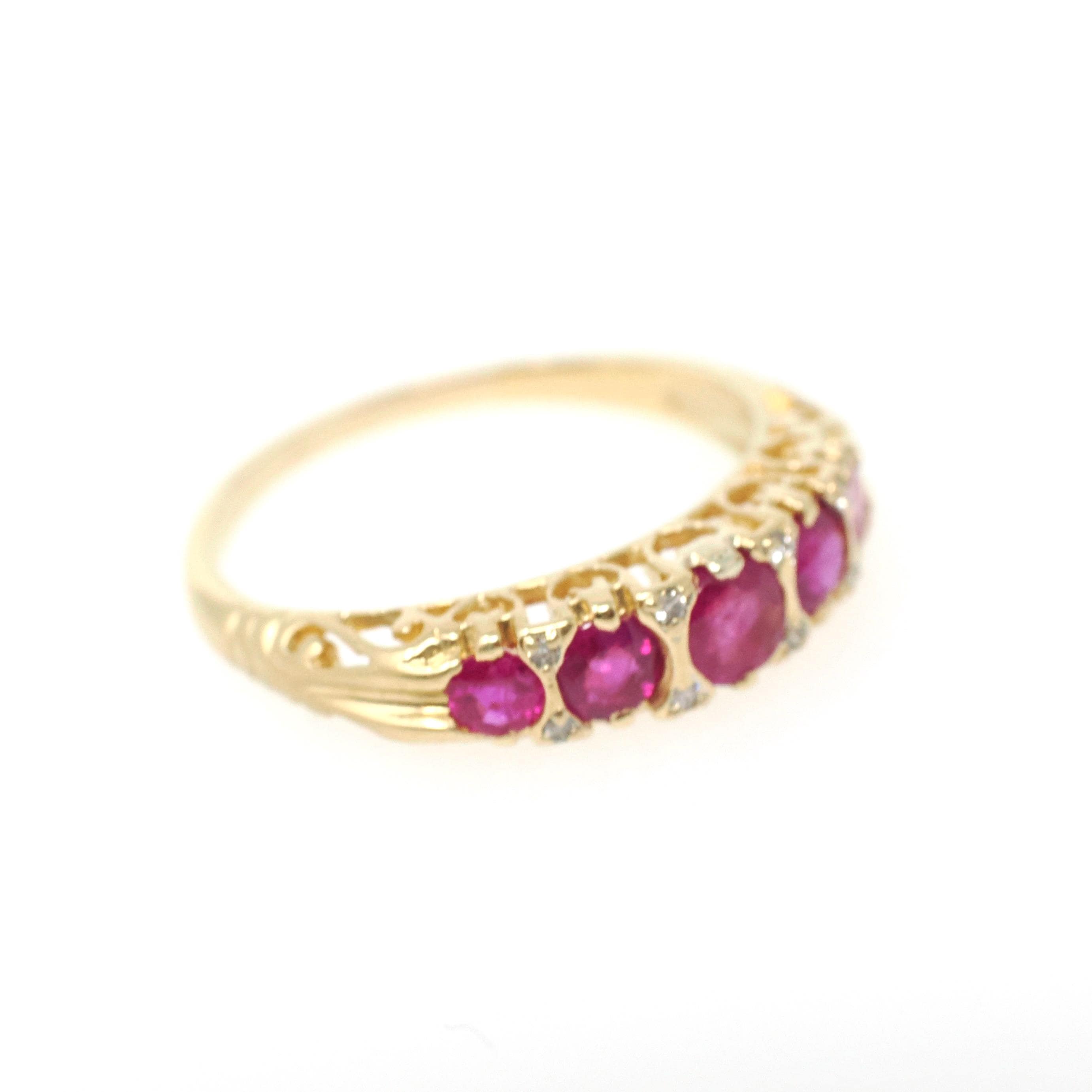 Ruby & Diamond Ring - Modern 18k Yellow Gold Natural Gemstone Wedding Band - Edwardian Style Reproduction Circa 2000s Size 8 Fine Jewelry