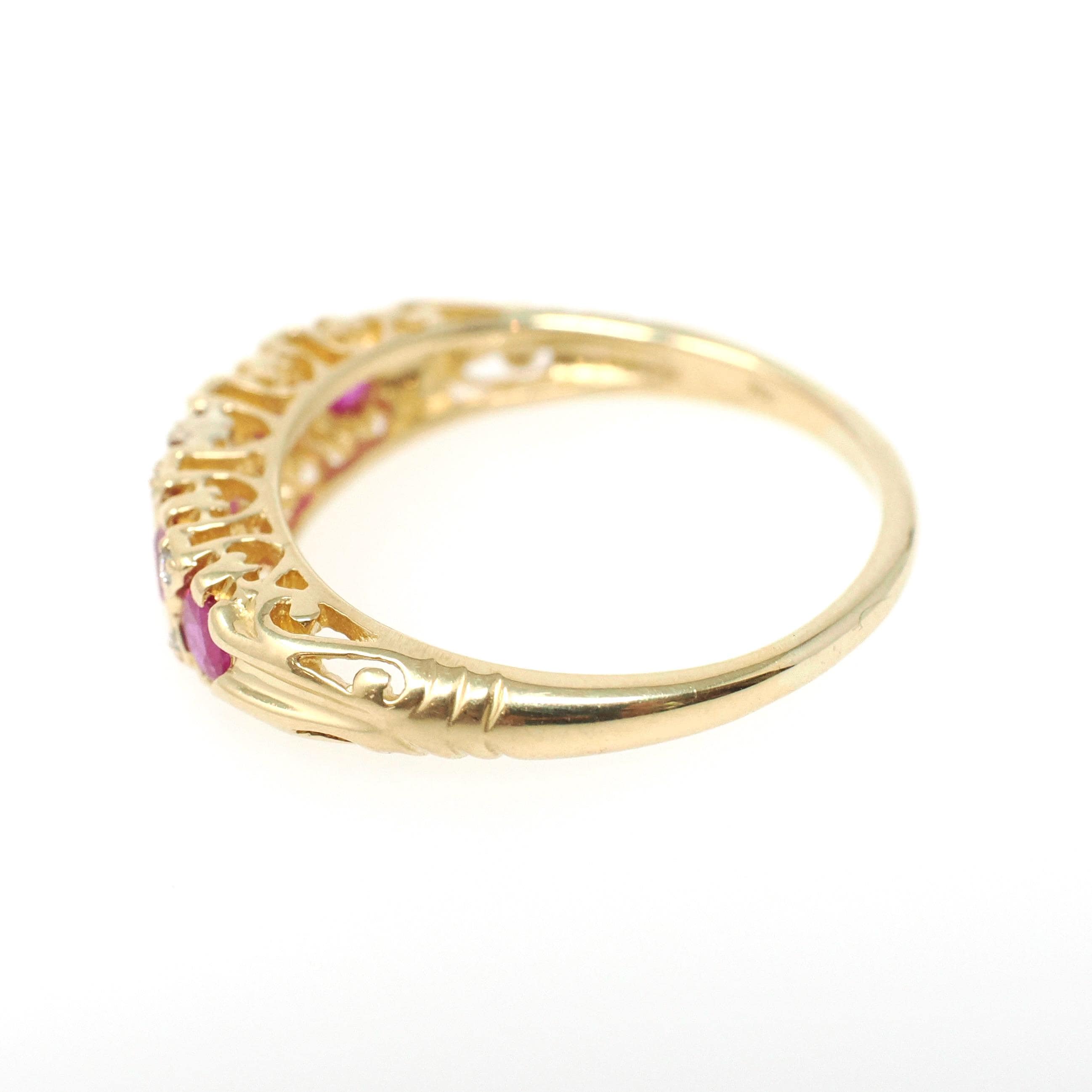Ruby & Diamond Ring - Modern 18k Yellow Gold Natural Gemstone Wedding Band - Edwardian Style Reproduction Circa 2000s Size 8 Fine Jewelry