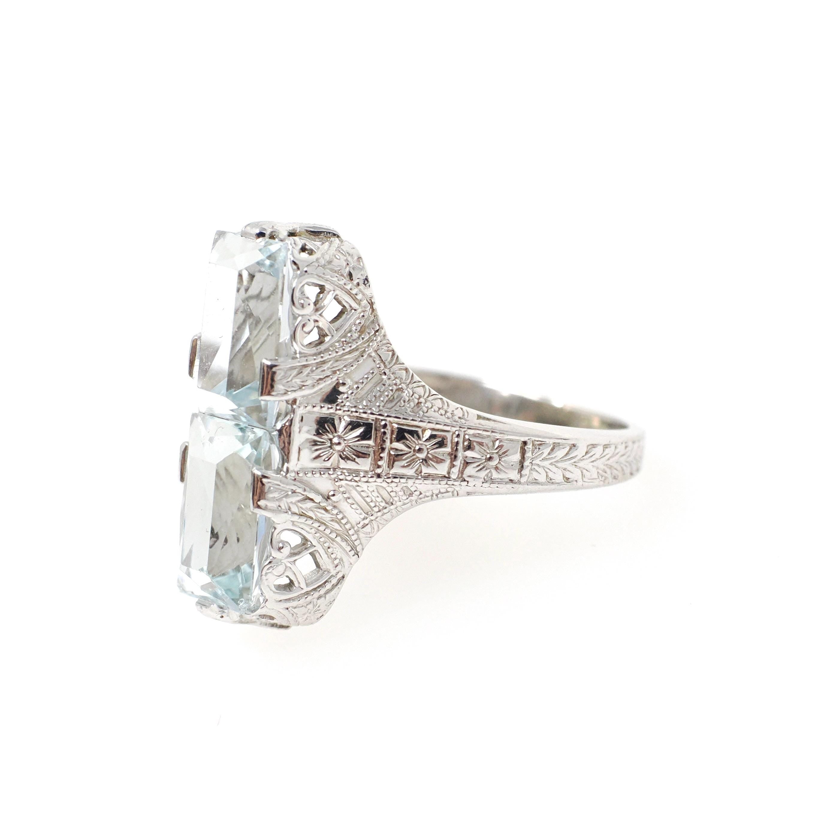 Vintage Aquamarine Ring - Art Deco 14k White Gold Natural Blue Toi Et Moi Gemstones - Circa 1930s Size 4 3/4 Floral Filigree Fine Jewelry