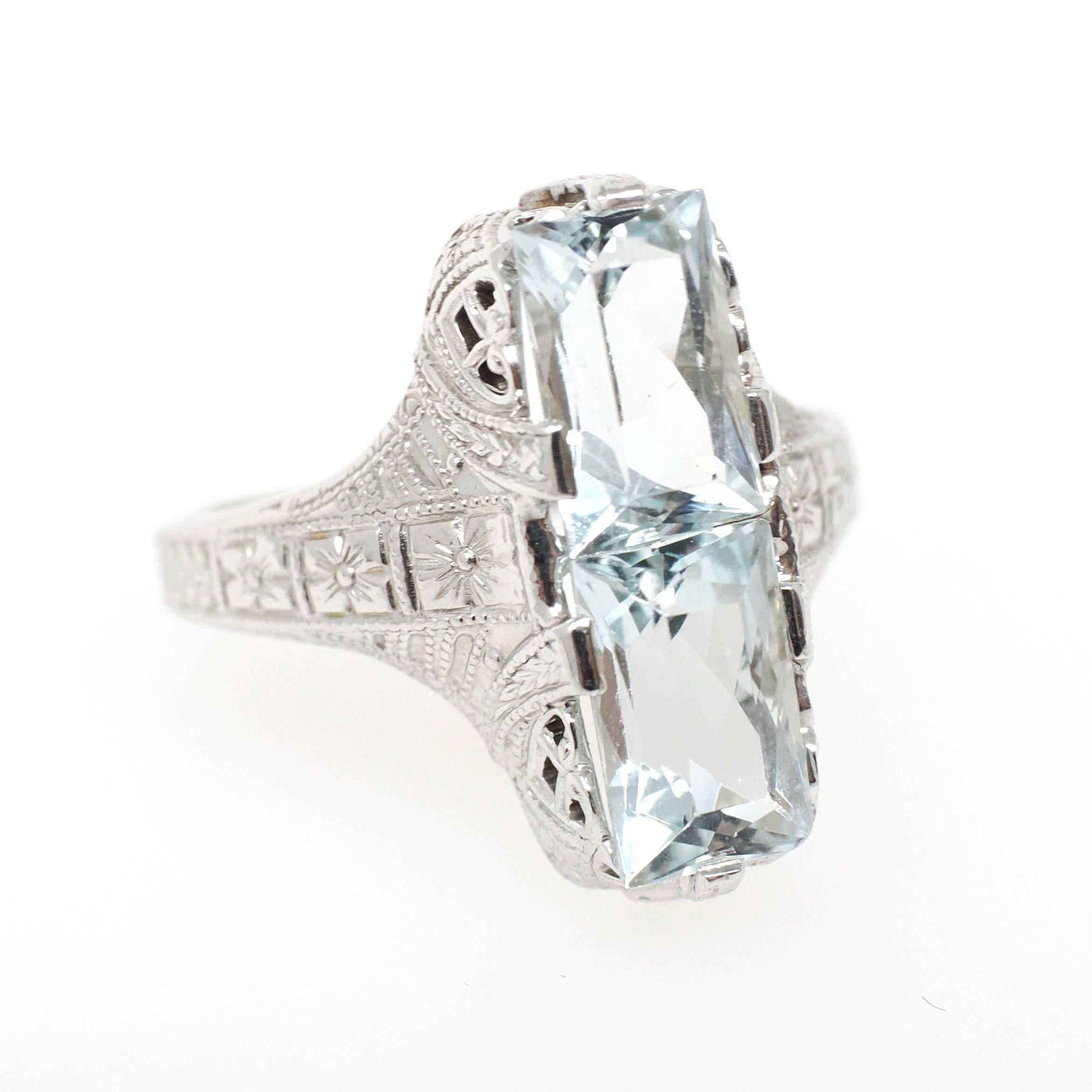 Vintage Aquamarine Ring - Art Deco 14k White Gold Natural Blue Toi Et Moi Gemstones - Circa 1930s Size 4 3/4 Floral Filigree Fine Jewelry