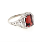 Vintage Garnet Ring - Art Deco 14k White Gold Natural Dark Red Emerald Cut Gem - Circa 1930s Size 5 January Birthstone Filigree Fine Jewelry