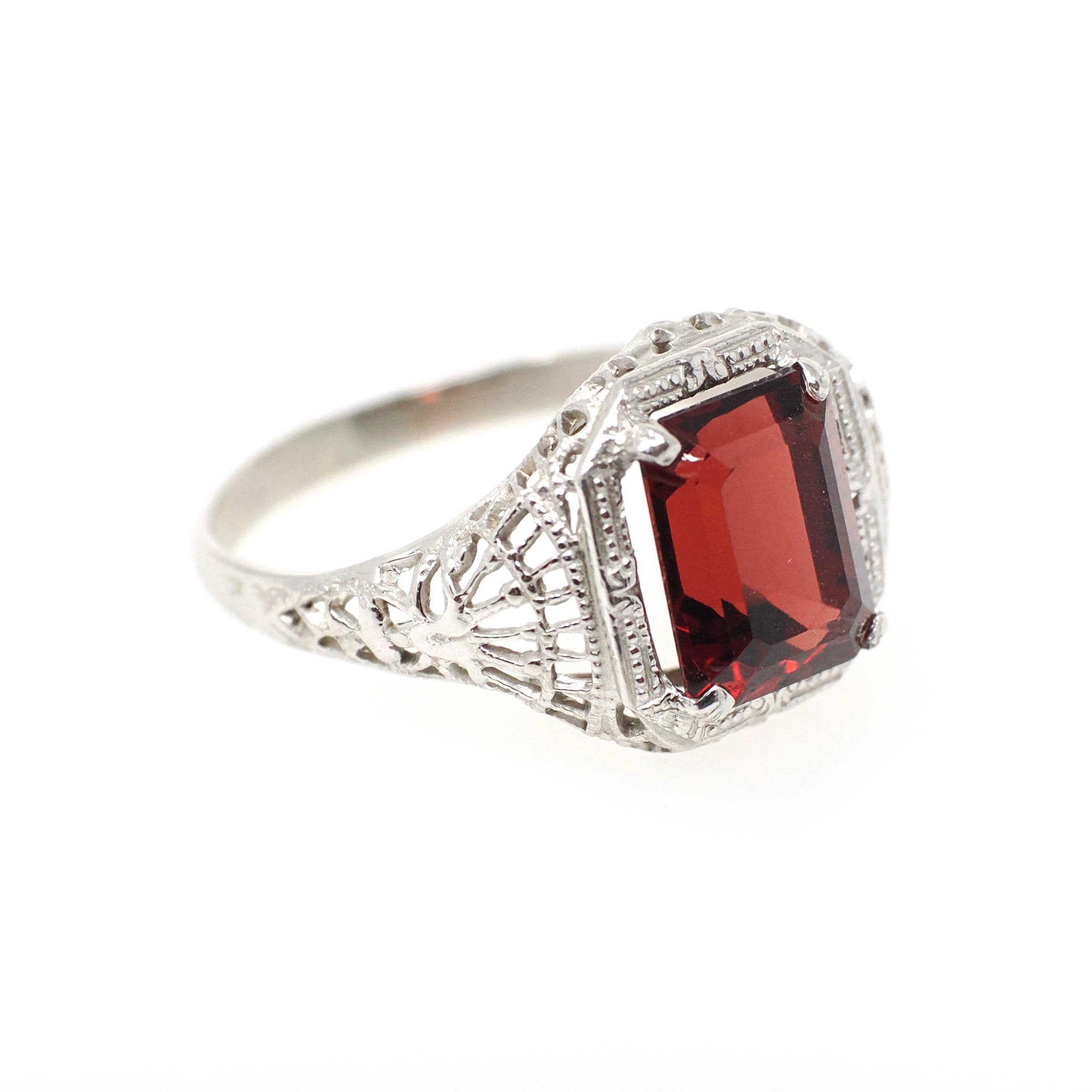 Vintage Garnet Ring - Art Deco 14k White Gold Natural Dark Red Emerald Cut Gem - Circa 1930s Size 5 January Birthstone Filigree Fine Jewelry