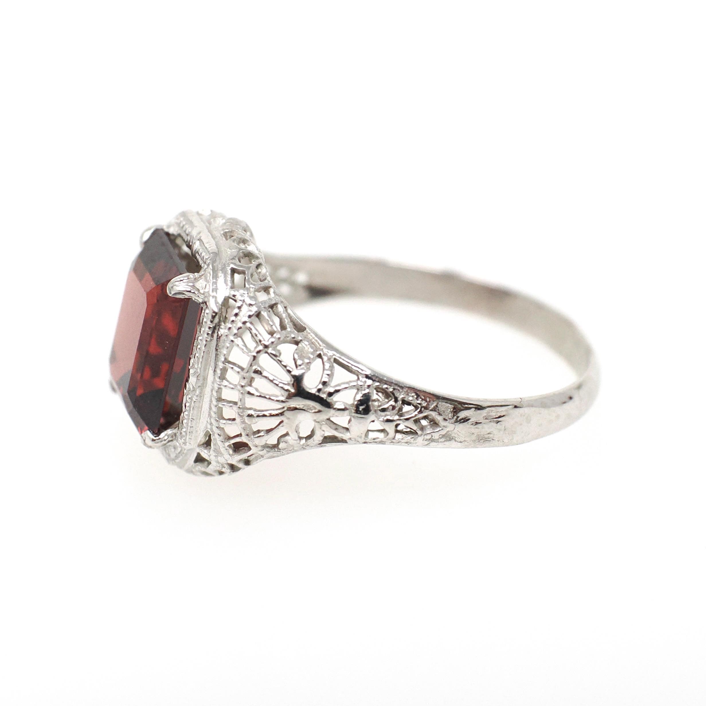 Vintage Garnet Ring - Art Deco 14k White Gold Natural Dark Red Emerald Cut Gem - Circa 1930s Size 5 January Birthstone Filigree Fine Jewelry