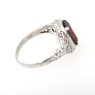 Vintage Garnet Ring - Art Deco 14k White Gold Natural Dark Red Emerald Cut Gem - Circa 1930s Size 5 January Birthstone Filigree Fine Jewelry