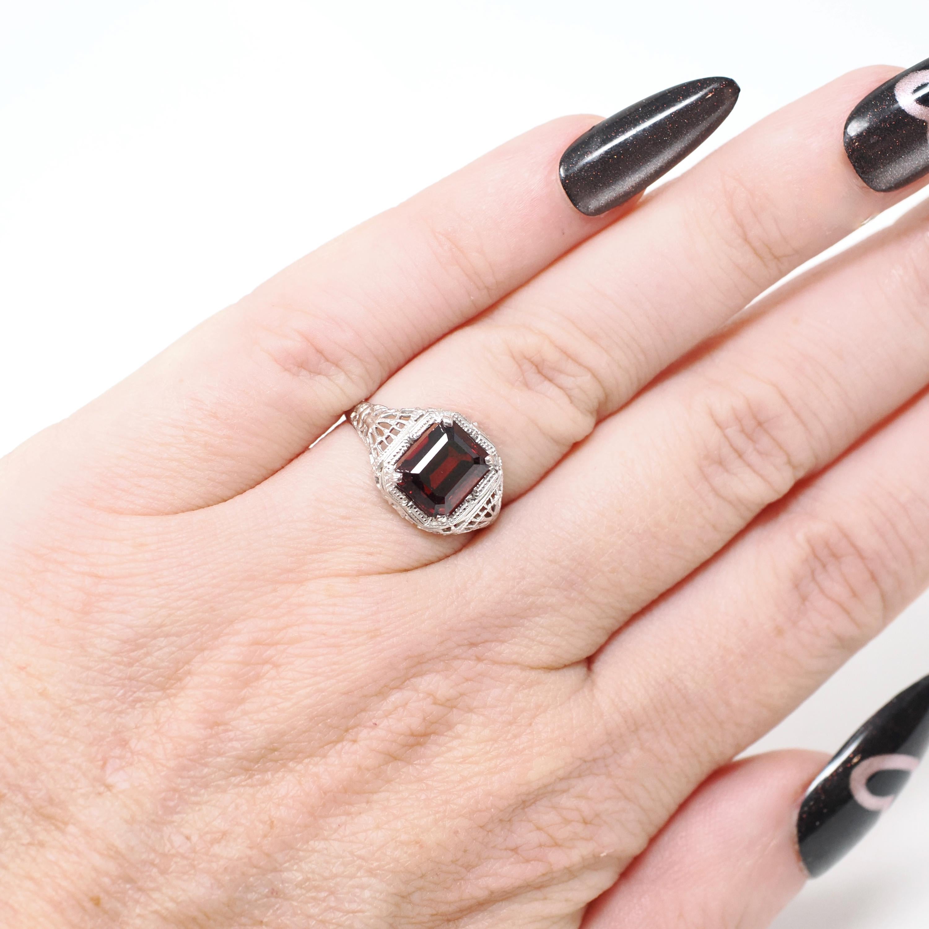 Vintage Garnet Ring - Art Deco 14k White Gold Natural Dark Red Emerald Cut Gem - Circa 1930s Size 5 January Birthstone Filigree Fine Jewelry