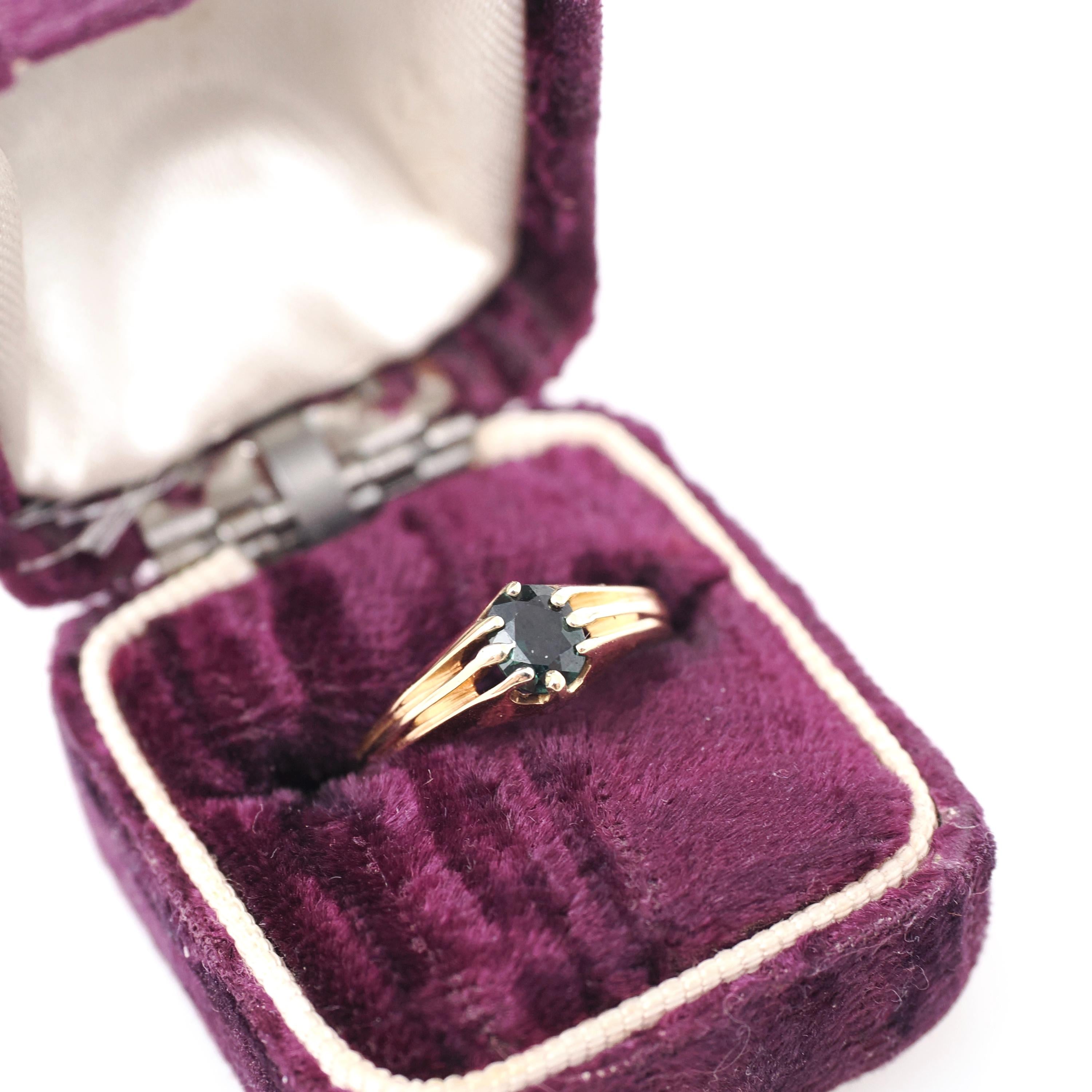 Vintage Sapphire Ring - Mid Century 18k Yellow Gold Natural Dark Green Gemstone Solitaire - Circa 1950s Era Size 5.5 Engagement Fine Jewelry