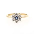Antique Flower Ring - Edwardian 18k Yellow Gold & Platinum Blue Sapphire Gemstone .39 CTW Diamonds - Circa 1910s Size 7.5 Halo Fine Jewelry