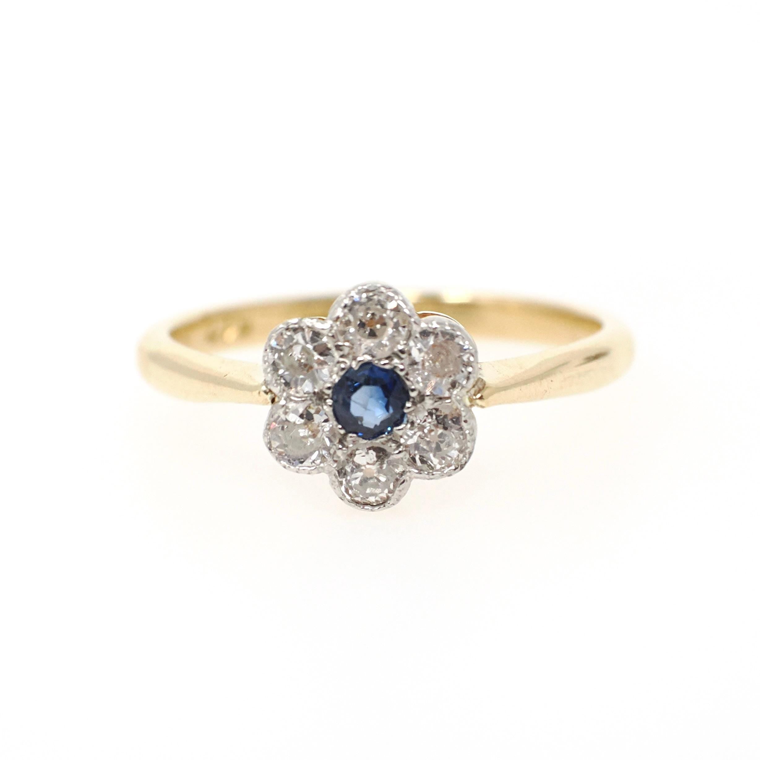 Antique Flower Ring - Edwardian 18k Yellow Gold & Platinum Blue Sapphire Gemstone .39 CTW Diamonds - Circa 1910s Size 7.5 Halo Fine Jewelry