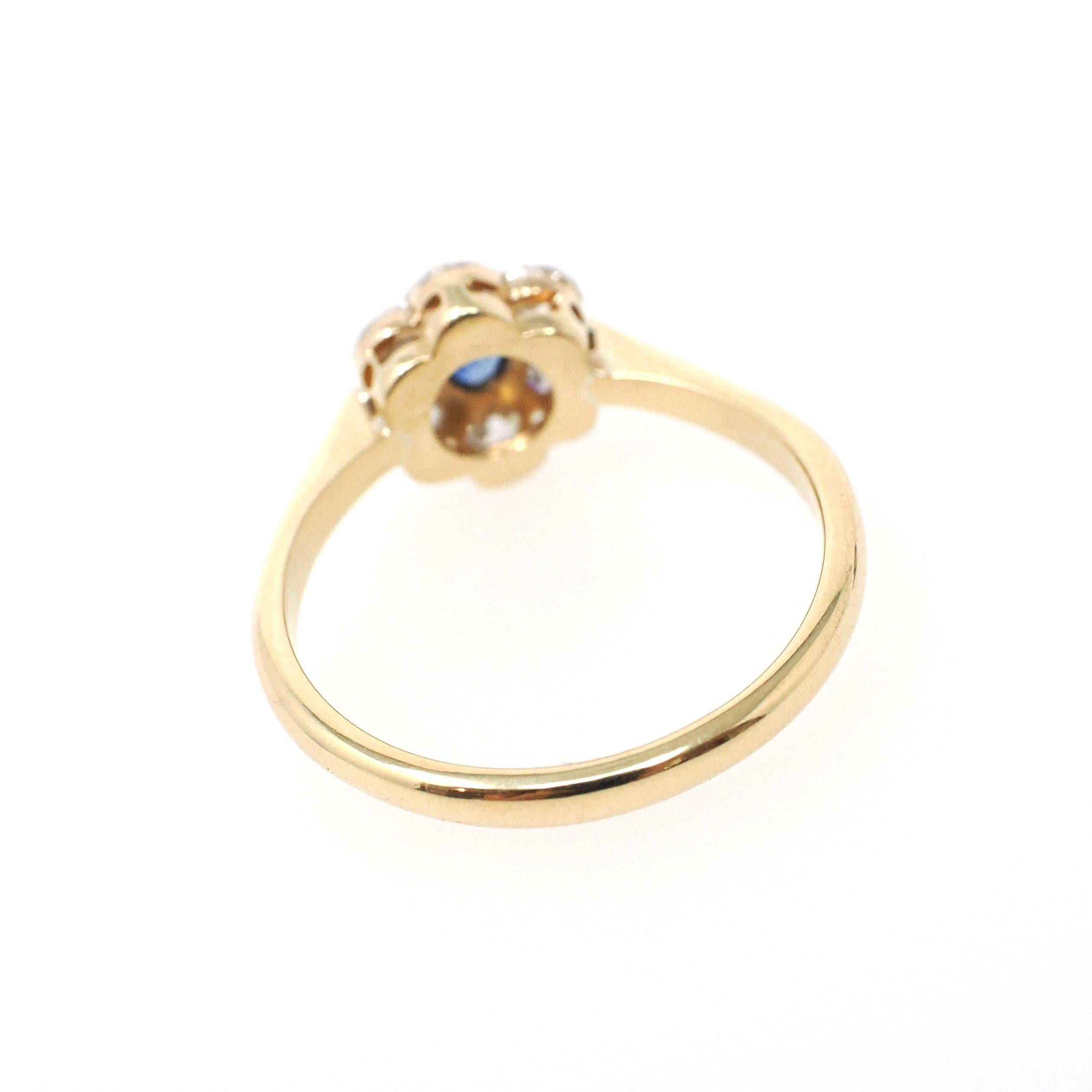 Antique Flower Ring - Edwardian 18k Yellow Gold & Platinum Blue Sapphire Gemstone .39 CTW Diamonds - Circa 1910s Size 7.5 Halo Fine Jewelry