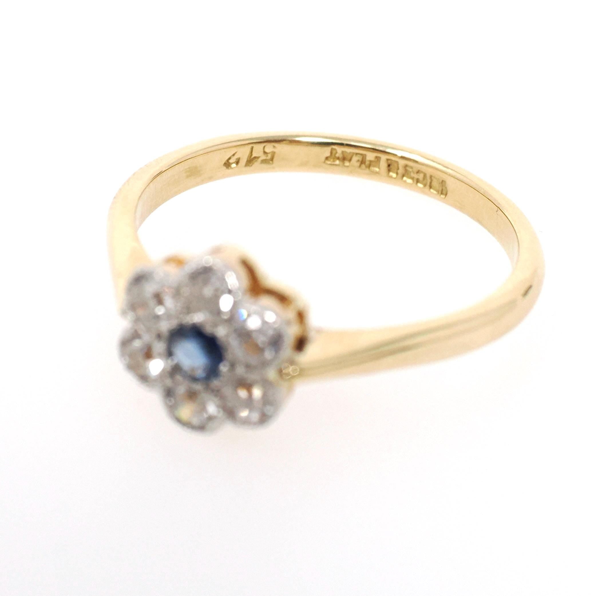 Antique Flower Ring - Edwardian 18k Yellow Gold & Platinum Blue Sapphire Gemstone .39 CTW Diamonds - Circa 1910s Size 7.5 Halo Fine Jewelry